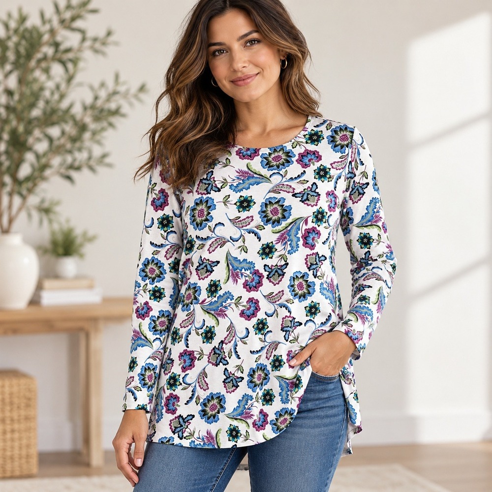 J. Jill Perfect Pima Cotton Floral Paisley Tunic Top Blue Purple White Medium